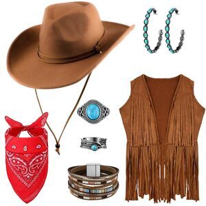 4736 7 Pcs Western Cowgirl Outfit Tassels Fringe Vest Bohemian